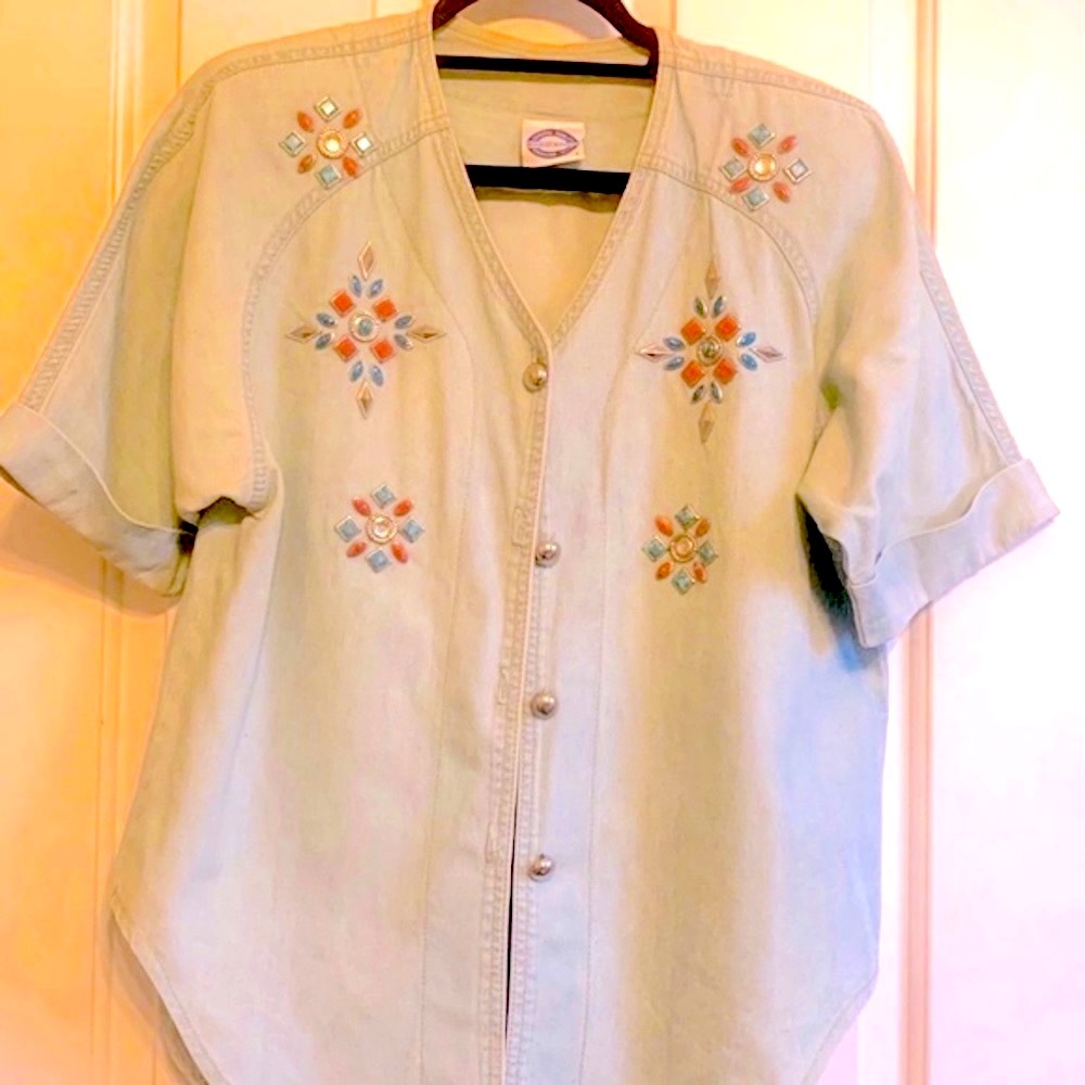 VTG jean top with faux gems